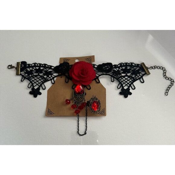 Vampire Red Rose Black Lace Gothic Baddie Wristband Chain with Adjustabl… - Picture 3 of 6